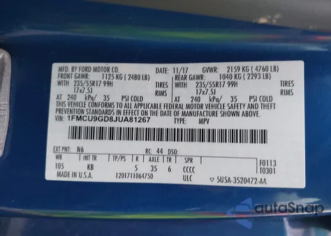 2018 Ford Escape Se z USA, uszkodzony, nr VIN 1FMCU9GD8JUA81267